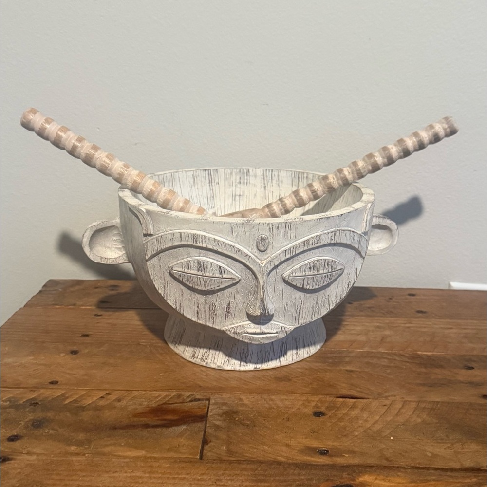 Hand Carved Rustic White Tribal ArtSalad  Bowl